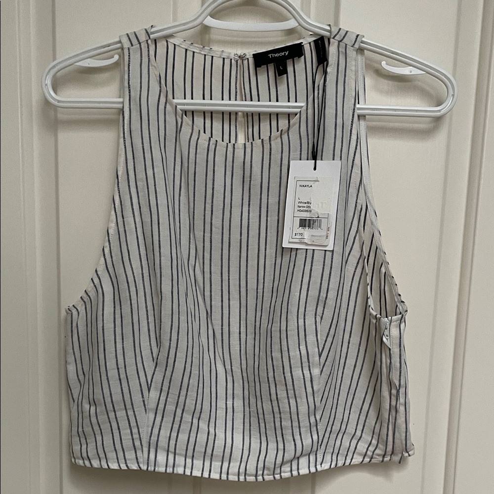 NWT Theory sz L cropped striped 100% linen top white w blue stripes